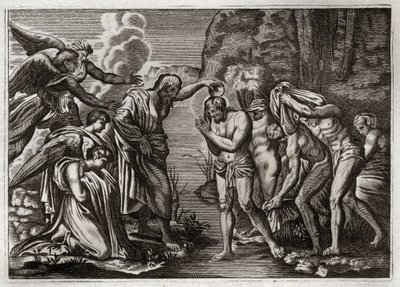 Royaumontská Bible, Nový zákon: Bapteme of Jesus Christ. Svatý Jan Křtitel křtí Ježíše Krista ve vodách řeky Jordán. Ilustrace z roku 1811. od Unknown artist