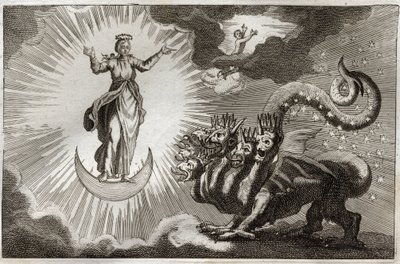 Royaumontská Bible, Nový zákon: Bete of Revelation. Svatý Jan vidí obludnou šelmu se sedmi hlavami a deseti rohy a těhotnou ženu obklopenou světlem, pod jejíma nohama je měsíc a na hlavě koruna z dvanácti hvězd. Ilustrace z roku 1811. od Unknown artist