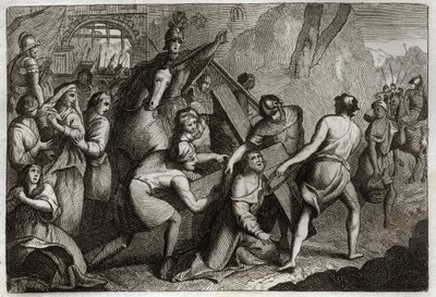 Royaumontská Bible, Nový zákon: Nesení kříže (křížová cesta). Ježíš Kristus nese svůj kříž na horu Kalvárii s pomocí Šimona z Kyrény (Kyrenejce). Ilustrace z roku 1811. od Unknown artist