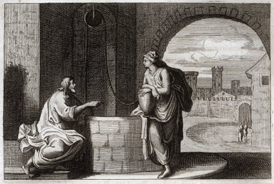 Royaumontská Bible, Nový zákon: Kristus a Samaritán u studny. Ježíš Kristus obrací Samaritánku. Ilustrace z roku 1811. od Unknown artist