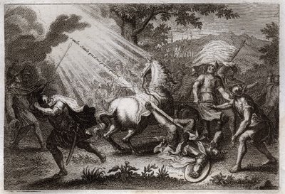 Royaumontská Bible, Nový zákon: Obrácení svatého Pavla na cestě do Damašku. Slyší hlas Ježíše Krista, který mu říká: „Vrbo, vrbo, kdo mě pronásleduješ“ (Saule, Saule, proč mě pronásleduješ?) a padá kůň. Ilustrace z roku 1811. od Unknown artist
