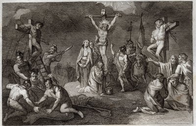 Royaumontská Bible, Nový zákon: Ukřižování Ježíše Krista. Panna Maria, svatá Máří Magdalena a svatý Jan u paty kříže, svatý Longin setník (svatý Longinus) s kopím, vojáci hrající na Kristovu tuniku. Po stranách, repr od Unknown artist