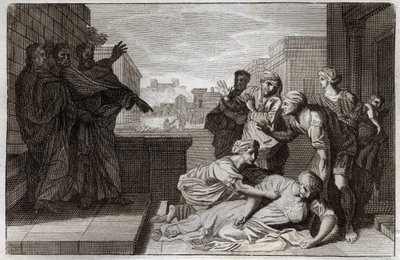 Royaumontská Bible, Nový zákon: Smrt Ananie a jeho manželky Saphire před svatým Petrem a svatým Janem. Ilustrace z roku 1811. od Unknown artist