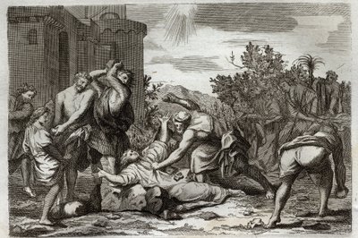 Royaumontská Bible, Nový zákon: Smrt svatého Štěpána, prvního křesťanského mučedníka, ukamenováním. Ilustrace z roku 1811. od Unknown artist