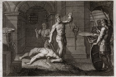 Royaumontská Bible, Nový zákon: Dekolace svatého Jana Křtitele. Jeden položí hlavu na plošinu. Ilustrace z roku 1811. od Unknown artist