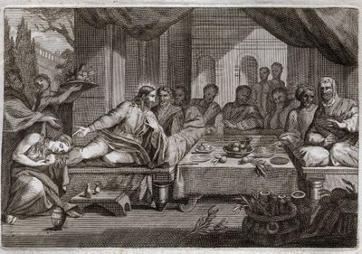 Royaumontská Bible, Nový zákon: Večeře u Šimona Farizea. Marie Magdalena šla plakat u nohou Ježíše Krista k farizeovi Šimonovi a dosáhla odpuštění svých hříchů. Pomaže Kristovy nohy mastí a otírá je svými vlasy. Il od Unknown artist