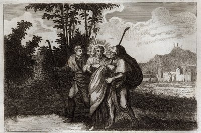 Royaumontská Bible, Nový zákon: Učedníci z Emauz. Dva emauzští učedníci) se setkávají se vzkříšeným Kristem. Ilustrace z roku 1811. od Unknown artist