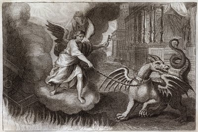 Royaumontská Bible, Nový zákon: Dračí řetězy. Dragon of Revelation, symbol ďábla, je spoutaný andělem, který drží klíč od abime. Ilustrace z roku 1811. od Unknown artist