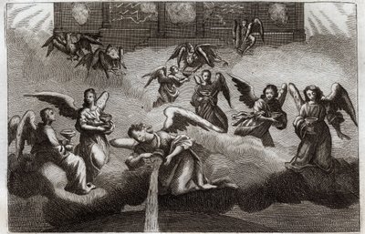 Royaumontská Bible, Nový zákon: Drak zjevení. Sedm andělů vylévá obsah svého poháru, symbolu Božího hněvu, na zem. Ilustrace z roku 1811. od Unknown artist