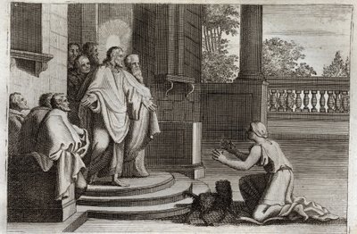 Royaumontská Bible, Nový zákon: Ježíš Kristus a manželka Kanaánu (Kanána nebo cizí žena). Rolník prosí Pána o pomoc, aby uzdravil její dceru. Kristus mu odpověděl: "Byl jsem poslán pouze ke ztraceným ovcím z domu Izraele." Ilustrace z od Unknown artist