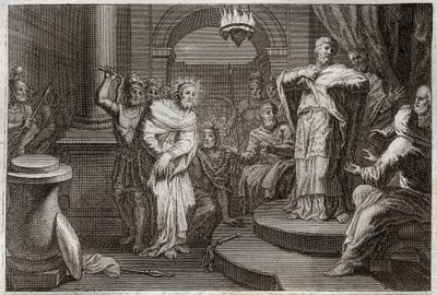 Royaumontská Bible, Nový zákon: Ježíš Kristus před Kaifem a Ananem (Hanan nebo Anna nebo Hanne). Ilustrace z roku 1811. od Unknown artist