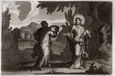 Royaumontská Bible, Nový zákon: Ježíš Kristus na poušti. Ježíš je zahnán do pouště. Je mladý čtyřicet dní a čtyřicet nocí. Je pokoušen démonem, který ho vyzývá, aby proměnil kameny v chléb. Ilustrace z roku 1811. od Unknown artist