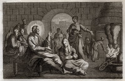 Royaumontská Bible, Nový zákon: Marta a Marie. Ježíš Kristus vstupuje do domu Marty, která spěchá, aby ho přijala, zatímco jeho sestra Marie z Betanie slyší jeho slovo. Ilustrace z roku 1811. od Unknown artist