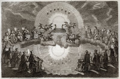 Royaumontská Bible, Nový zákon: Otevřené nebe. Objeví se trůn obklopený lvem, volem, mužem a orlem (tetramorfem) a sedmi lampami. Tuto vizi obklopuje 24 starých lidí sedících na trůnech. Ilustrace z roku 1811. od Unknown artist