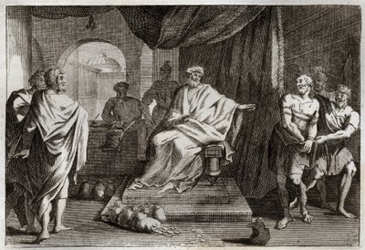Royaumontská Bible, Nový zákon: Podobenství o talentech. Pán potrestá jednoho ze svých sluhů, který schoval peníze, které mu dal. Ilustrace z roku 1811. od Unknown artist
