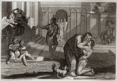 Royaumontská Bible, Nový zákon: Podobenství o marnotratném dítěti. Syn se vrací domů poté, co odešel a ztratil veškerý svůj majetek. Přichází požádat svého otce o odpuštění. Ilustrace z roku 1811. od Unknown artist