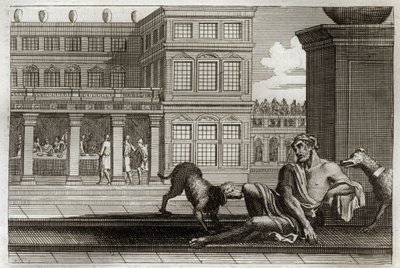 Royaumontská Bible, Nový zákon: Podobenství o zlém boháče představuje u stolu vzadu a žebráka Lazara, jehož psi bohatých olizují rány. Ilustrace z roku 1811. od Unknown artist