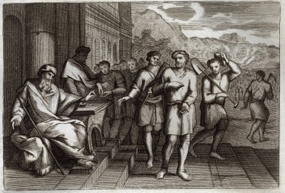 Royaumontská Bible, Nový zákon: Podobenství o dělnících révy nebo podobenství o dělnících jedenácté hodiny. Dělníci, které Otec rodiny posílá pracovat na svou vinici. Ilustrace z roku 1811. od Unknown artist