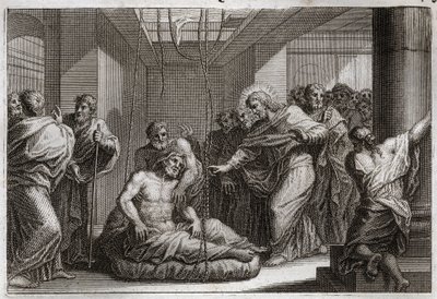 Royaumontská Bible, Nový zákon: Paralytický. Ježíš Kristus zavolal svatého Matouše a uzdravil ochrnutého v Kafarnaeu. Ilustrace z roku 1811. od Unknown artist