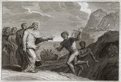 Royaumontská Bible, Nový zákon: Possede gueri. Ježíš Kristus uzdravil posed, který démon rozzuřil. Ilustrace z roku 1811. od Unknown artist
