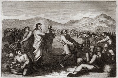 Royaumontská Bible, Nový zákon: Šíření chlebů. Ježíš Kristus rozmnožil pět chlebů a nasytil pět tisíc lidí. Ilustrace z roku 1811. od Unknown artist