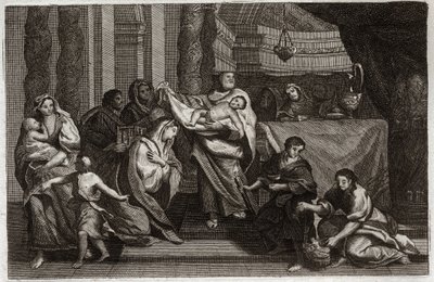 Royaumontská Bible, Nový zákon: Očištění Panny nebo prezentace v chrámu. Svatá rodina nabízí Ježíše Krista do chrámu a dává ho Symeonovi (nebo Simeonovi nebo Šimonovi). Žena drží dvě holubice v košíku. Ilustrace z roku 1811. od Unknown artist