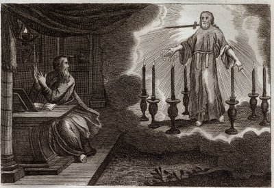 Royaumontská Bible, Nový zákon: Zjevení svatého Jana ve Zjevení. Ježíš Kristus se objevuje ve svatém Janovi mezi sedmi zlatými svícny se sedmi hvězdami v pravé ruce a mečem vycházejícím z jeho úst. Ilustrace z roku 1811. od Unknown artist