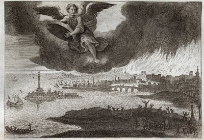 Royaumontská Bible, Nový zákon: Zřícenina Babylonu. Babylon v plamenech, anděl hází kámen do moře, symbolizující zničení tohoto města během Zjevení. Ilustrace z roku 1811. od Unknown artist