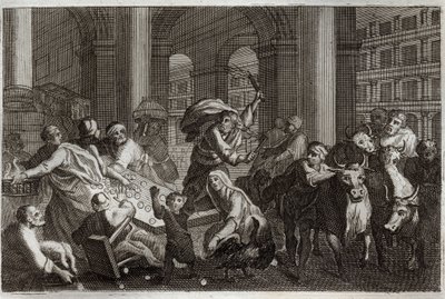 Royaumontská Bible, Nový zákon: Prodejci loví z chrámu. Ježíš Kristus vyhání z chrámu ty, kteří ho znesvěcovali provozem, který tam prováděli. Ilustrace z roku 1811. od Unknown artist