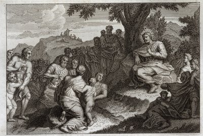 Royaumontská Bible, Nový zákon: Kázání na hoře. Ježíš Kristus vybírá ze svých učedníků dvanáct apoštolů a přednáší před nimi a před velkým lidem kázání, které se obvykle nazývá Kázání na hoře. Ilustrace z roku 1811. od Unknown artist