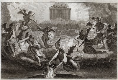 Royaumontská Bible, Nový zákon: Sedm andělů, kteří troubí na trubky Zjevení po otevření sedmé pečeti knihy Beránkem. Jiný anděl vezme kadidelnici, naplní ji ohněm oltáře a hodí ji na zem. Ilustrace z od Unknown artist