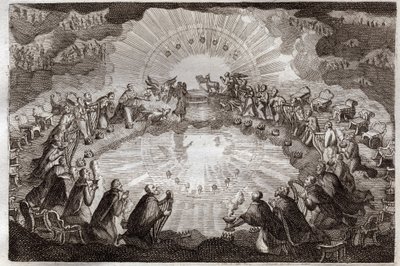 Royaumontská Bible, Nový zákon: Sedm pečetí knihy otevřené Beránkem. Dvacet čtyři stařešinů se sklání před trůnem, obklopeno lvem, volem, mužem a orlem (tetramorfem) a sedmi lampami. Ilustrace z roku 1811. od Unknown artist
