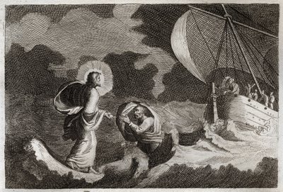 Royaumontská Bible, Nový zákon: Svatý Petr chodí po vodě. Ježíš Kristus chodí po moři a nutí tam chodit svatého Petra. Ilustrace z roku 1811. od Unknown artist