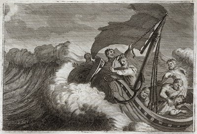Royaumontská Bible, Nový zákon: Tempete se uklidnila. Apoteři jsou překvapeni bouří probuzeným Ježíšem Kristem, který spal v jejich lodi, a také uklidňuje Galilejské jezero. Ilustrace z roku 1811. od Unknown artist