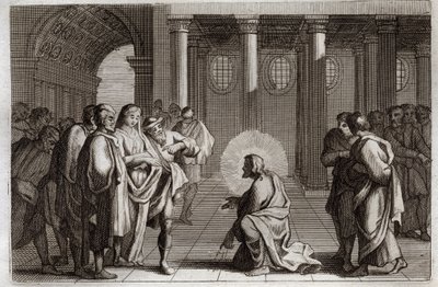 Royaumontská Bible, Nový zákon: Cizoložná žena. Ježíš Kristus se božsky klame z pastí, které na něj Židé položili, a ptá se ho, co by se mělo udělat se ženou přistiženou při cizoložství, a říká: „Kdo z vás je bez hříchu, ať hodí. od Unknown artist