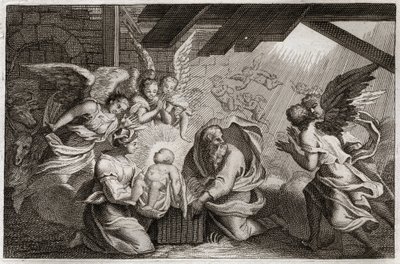 Royaumontská Bible, Nový zákon: Narození Páně. Ježíš Kristus se narodil z blahoslavené Panny Marie ve stáji v Betlémě. Ilustrace z roku 1811. od Unknown artist