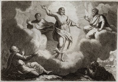 Royaumontská Bible, Nový zákon: Proměnění Ježíše Krista. Kristus obklopuje Mojžíše a Eliáše s apoštoly svatým Janem, Petrem a Jakubem. Ilustrace z roku 1811. od Unknown artist