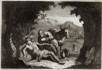 Royaumontská Bible, Nový zákon: Podobenství o milosrdném Samaritánovi. Samaritán se cestou zastavil, aby zachránil muže v nouzi. Ilustrace z roku 1811. od Unknown artist