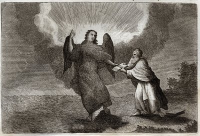 Royaumontská Bible, Nový zákon: Vize svatého Jana. Vidění anděla s otevřenou knihou dává svatému Janovi, aby ho pohltil. Ilustrace z roku 1811. od Unknown artist