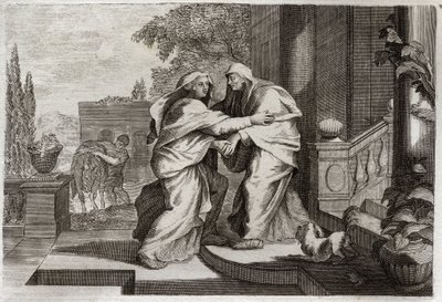 Royaumontská Bible, Nový zákon: Navštívení. Blahoslavená Panna Maria navštíví svou sestřenici Elisabeth. Ilustrace z roku 1811. od Unknown artist