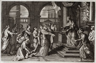 Royaumontská Bible, Starý zákon: Ester se představí před králem Xerxem I. (Assuerus I.) s úmyslem zachránit svůj lid před smrtí, která mu hrozila. Ilustrace z roku 1811. od Unknown artist