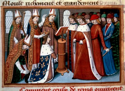 Posvátný král Karel VII. (1422-1461) z Archeveque of Remeš dne 17.07.1429 Miniatura převzata z „“Vigilles of King Charles VII”” od Martiala d