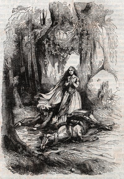 Sacripant (Sacripante) desarconne v přítomnosti Angeliky (Angelica) - rytina z roku 1851 z „“Roland furieux““ (Orlando furioso) (16. století) od Ludovica Ariosta, známého jako Ariosta – vydání přeložené z italštiny hrabětem z Tressanu a p od Unknown artist