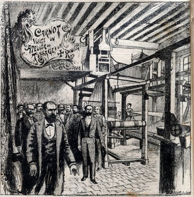Sadi Carnot (1837-1894) navštíví dílnu v Canut, 8. října od Unknown artist