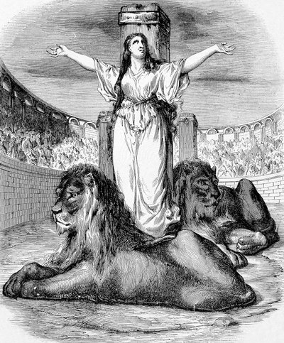 Saint Blandine, mladý křesťanský otrok, umučený ve lvím prstenu v Lyonu v roce 177, rytina od Unknown artist