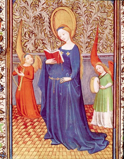 Svatá Cecile obklopená dvěma andělskými hudebníky Miniatura převzatá z „Hodiny Eduarda I. (Duarte) z Portugalska (1391-1438)“ Lisabon 15. století, Torre do Tombo od Unknown artist