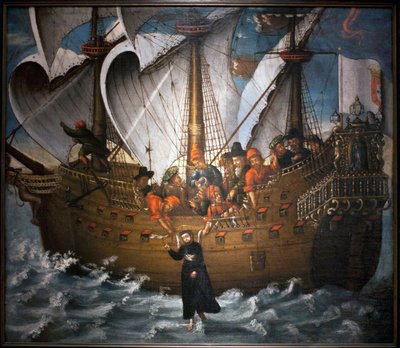 Saint Francois Xavier (1506-1552), zázračný pomocník v Japonsku kolem roku 1549 - Anonymní obraz, olej na plátně, polovina 17. století (anonymní obraz z poloviny 17. století, zobrazující zázrak, který měl vykonat svatý Francisco Xavi od Unknown artist