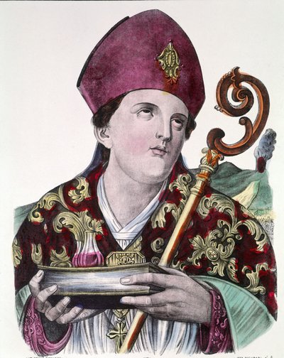 Svatý Gennaro nebo svatý Janvier, patron města Neapole, držící v rukou ampulku s jeho krví. Barevný oblíbený tisk z 19. století. od Unknown artist