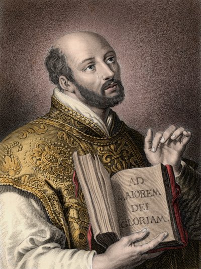Svatý Ignác z Loyoly (1491-1556), španělský teolog, držící knihu s latinským heslem Tovaryšstva Ježíšova „“ Ad maiorem Dei gloriam“““ (Pro větší slávu Boží) - Portrét Ignáce z Loyoly (Sant Ignazio nebo svatý Ignác od Unknown artist