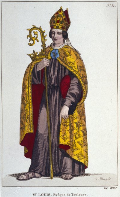 Saint Louis of Toulouse nebo Saint Louis of Anjou. Malý synovec Saint Louis (1274 až 1297), biskup z Toulouse. rytina z roku 1830 od Unknown artist